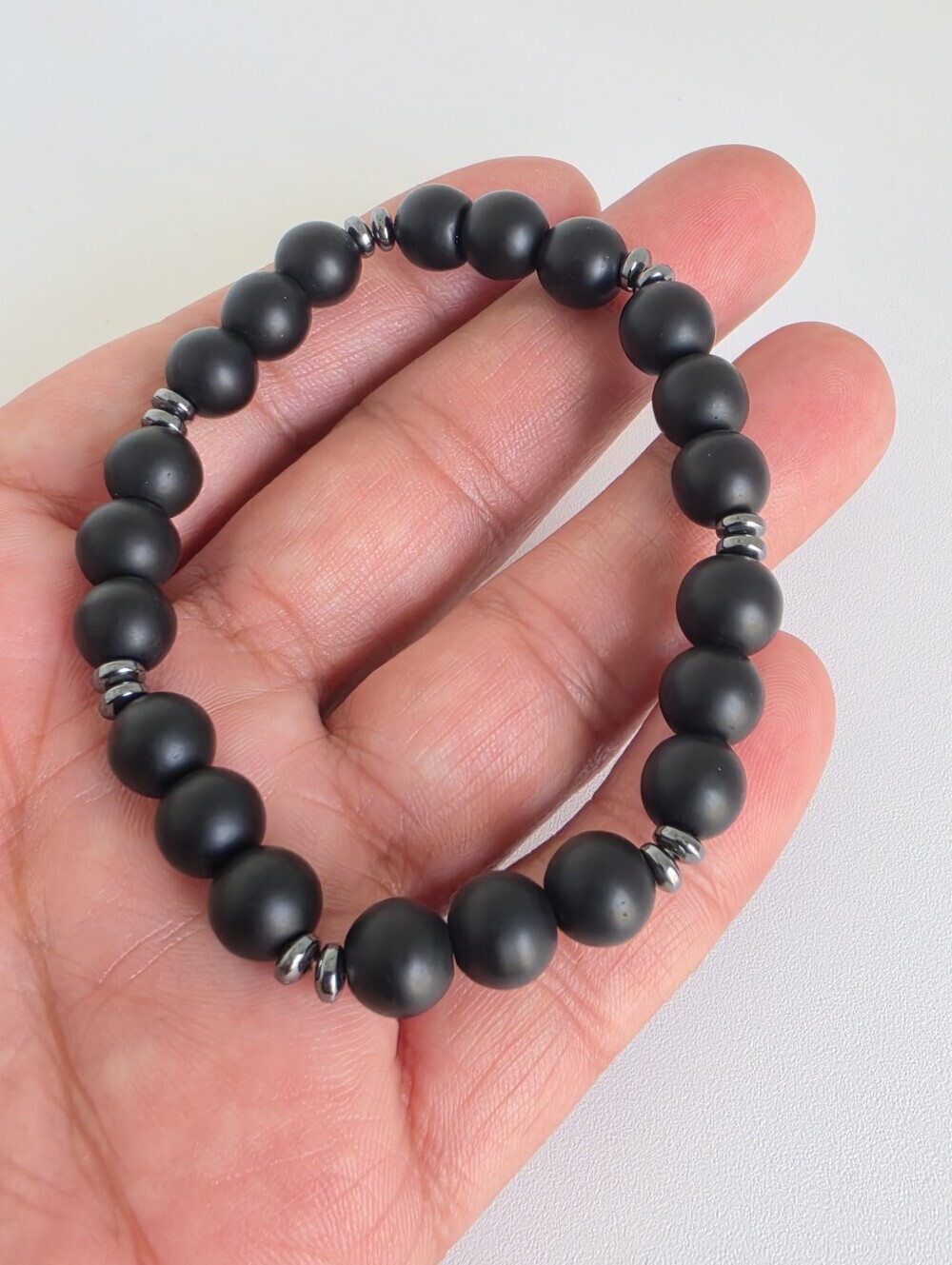 Handmade Men's Matte Black Onyx & Hematite Stretch Beaded Bracelet